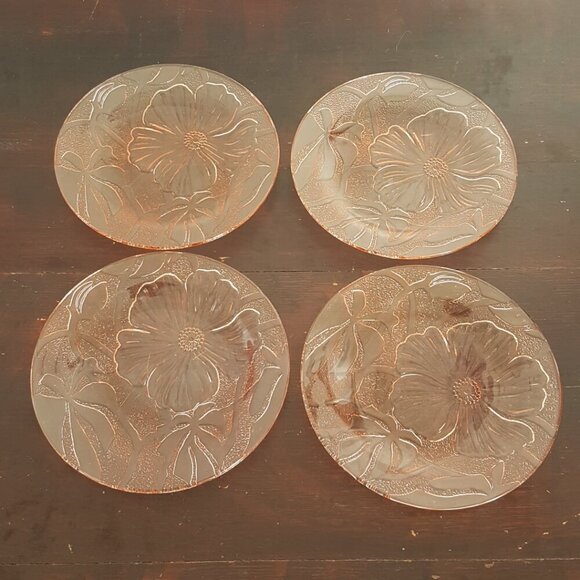 4pc Pink Glass Plates Floral Hibiscus Dessert Plates - Picture 4 of 9